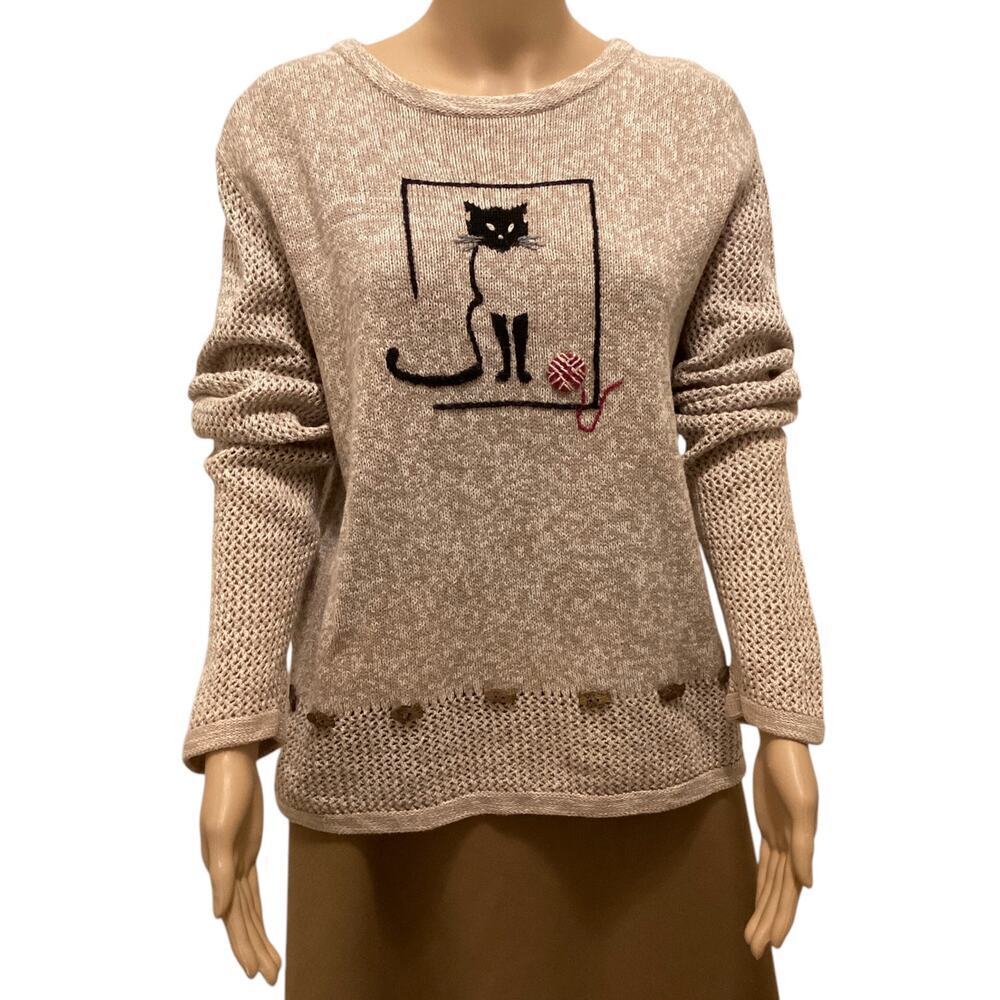 Vntg Christoper & Banks Hand embroidered  Cat embelish knit crewneck sweater L